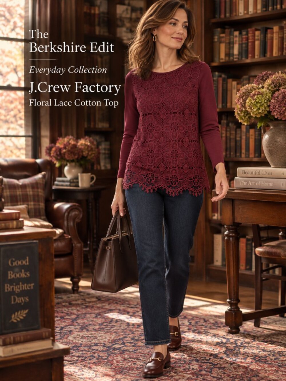 J.Crew Factory Burgundy Floral Lace Cotton Long Sleeve Top Small Scalloped
